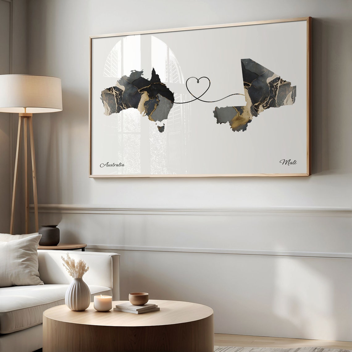 Australia To Mali Heart Connected Black Marble Country Map Poster - Image 2