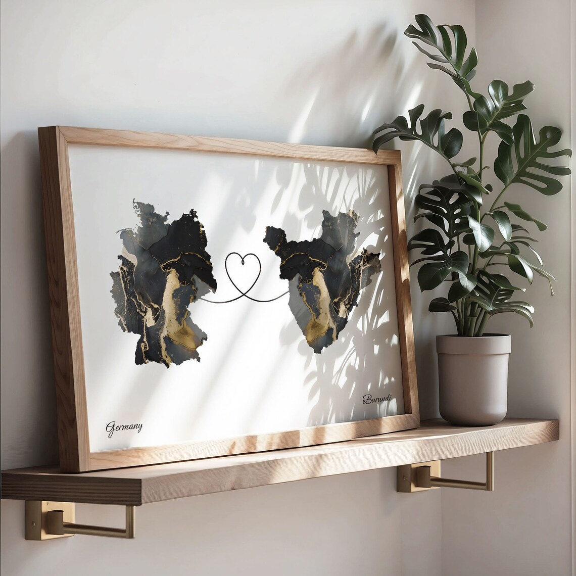 Germany and Burundi Marble Heart Connected Countries Map Poster - Image 3