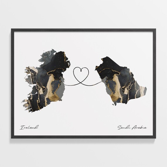Ireland and Saudi Arabia Black and Gold Marble Two Countries Map Poster