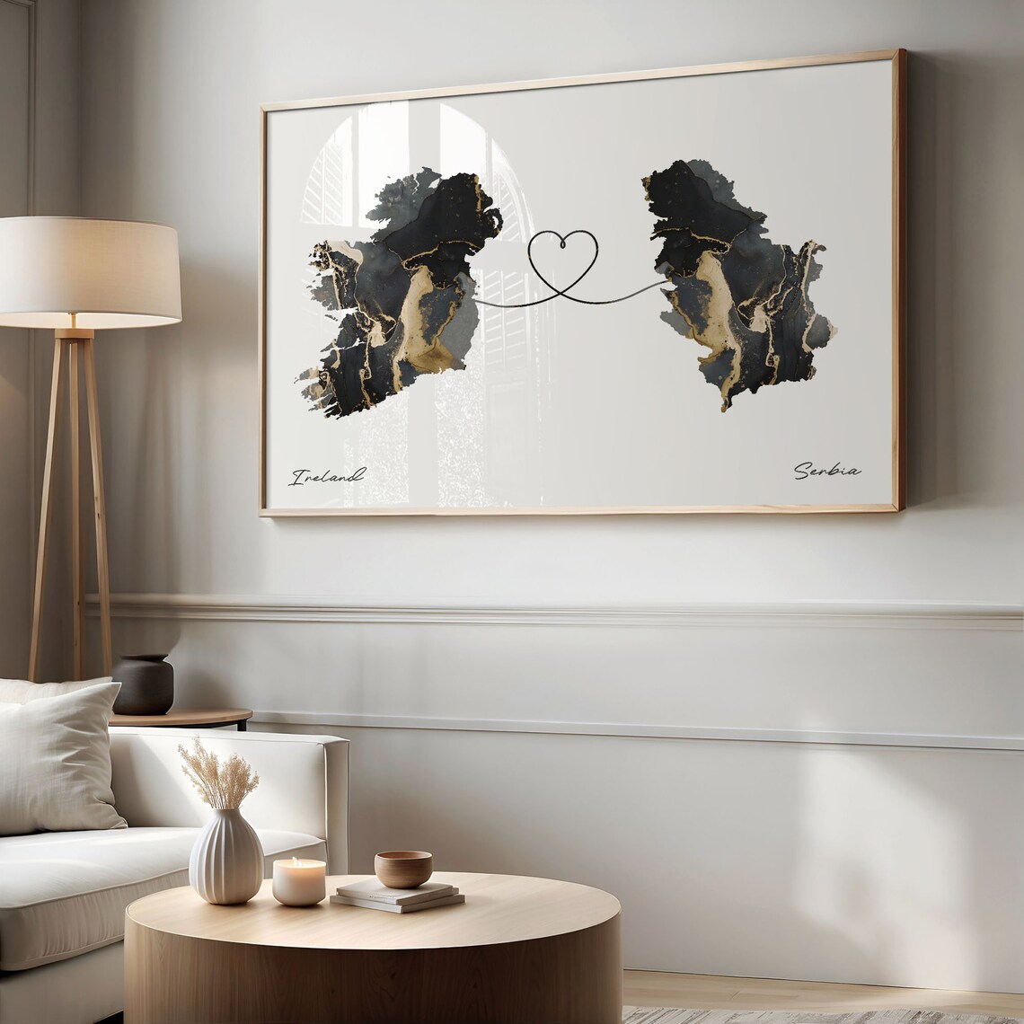 Ireland and Serbia Black and Gold Marble Two Countries Map Poster - Image 2