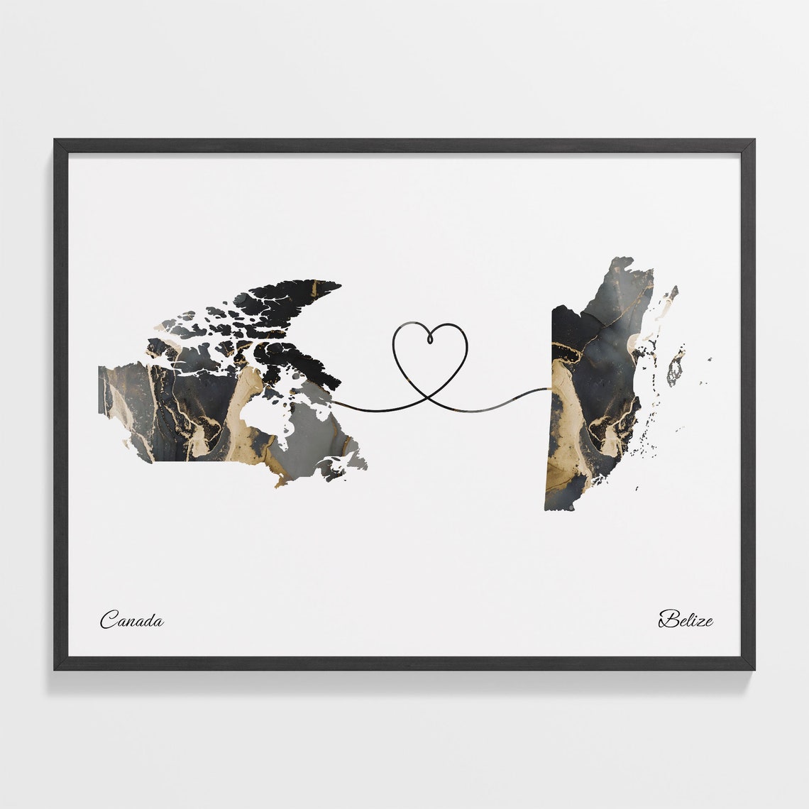 Canada to Belize Black Gold Marble Heart Connection Map Poster