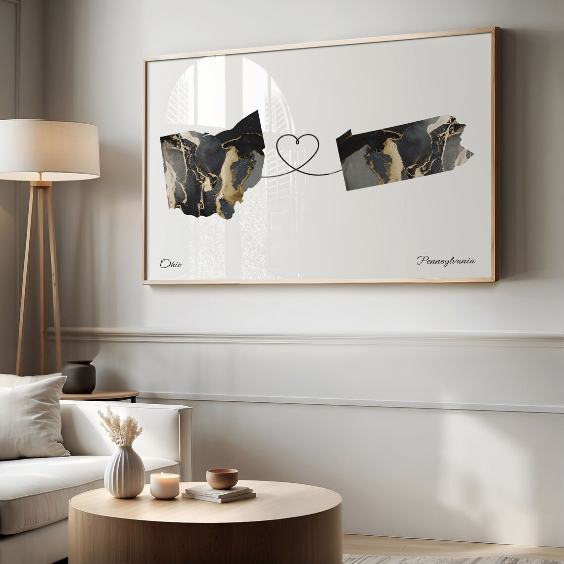Ohio Pennsylvania Long Distance Black Gold Marble Heart Map Poster - Image 2