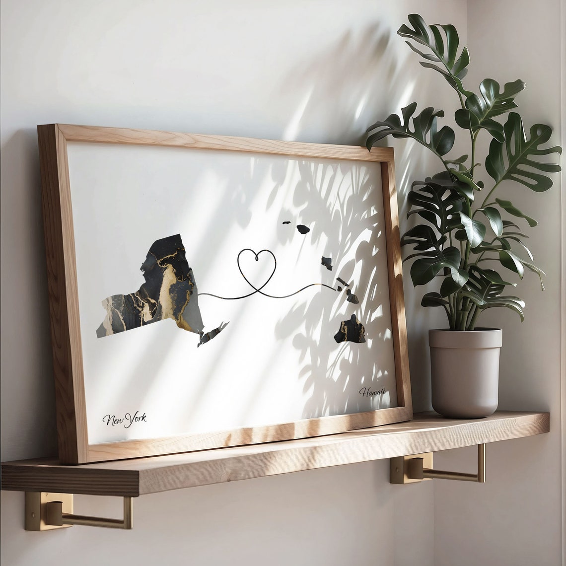 New York to Hawaii Heart Connection Modern Marble Map Poster - Image 3