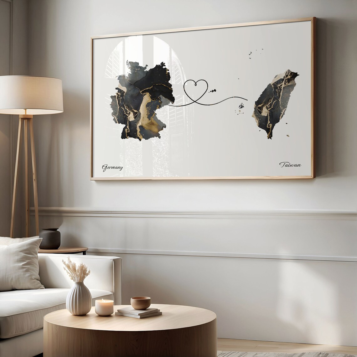 Germany To Taiwan Black Gold Marble Long Distance Heart Map Poster - Image 2