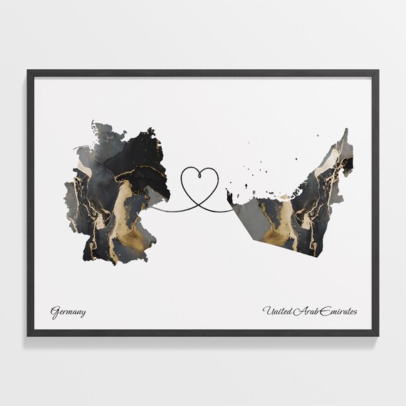 Germany To United Arab Emirates Marble Heart Map Two Country Long Distance Gift Poster