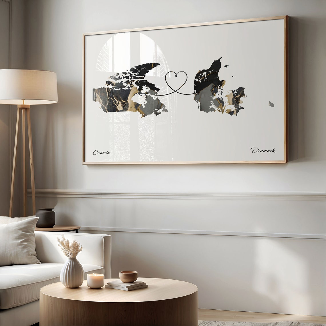 Canada to Denmark Black Gold Marble Heart Connection Map Poster - Image 2