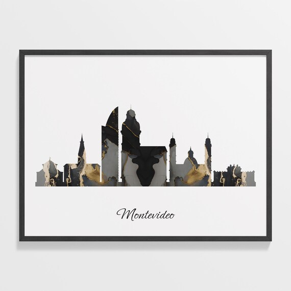 Montevideo Skyline Black Gold Marble Cityscape Uruguay Travel Decor Poster