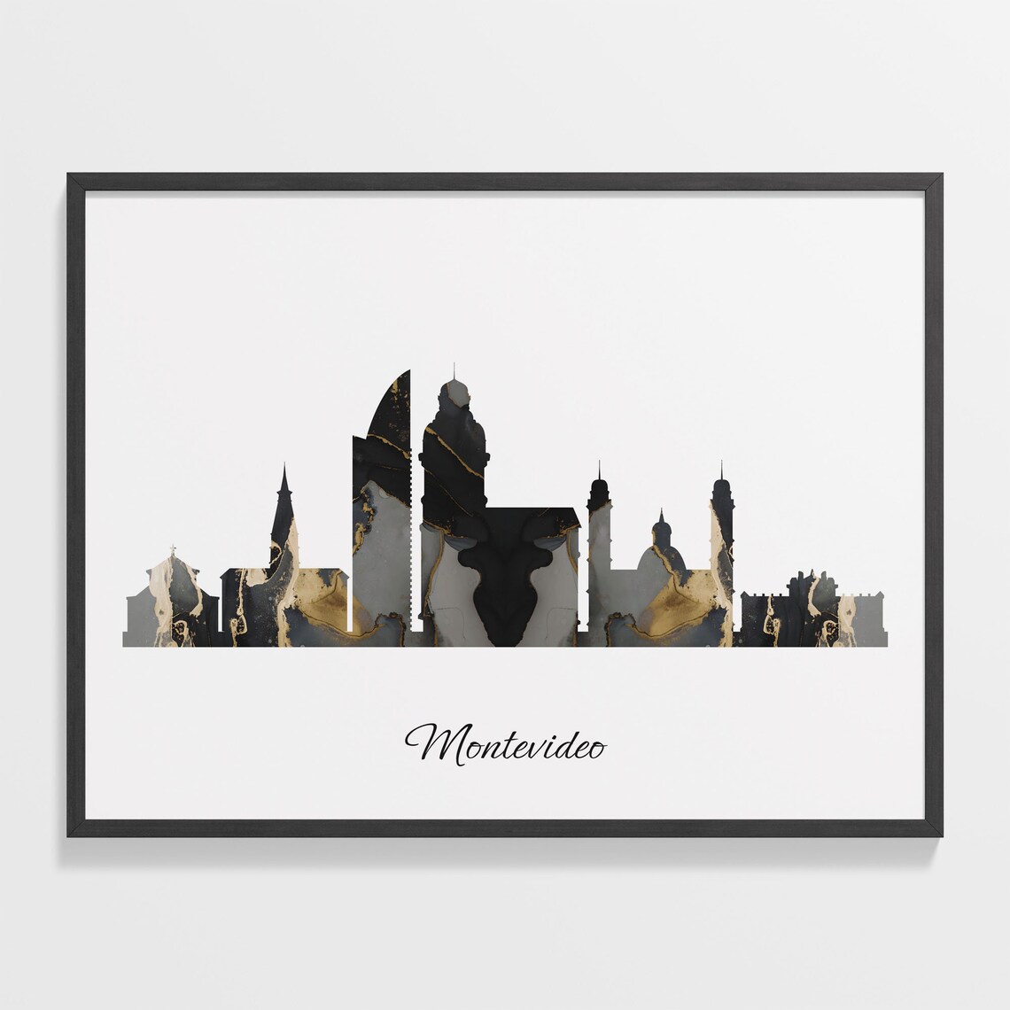 Montevideo Skyline Black Gold Marble Cityscape Uruguay Travel Decor Poster