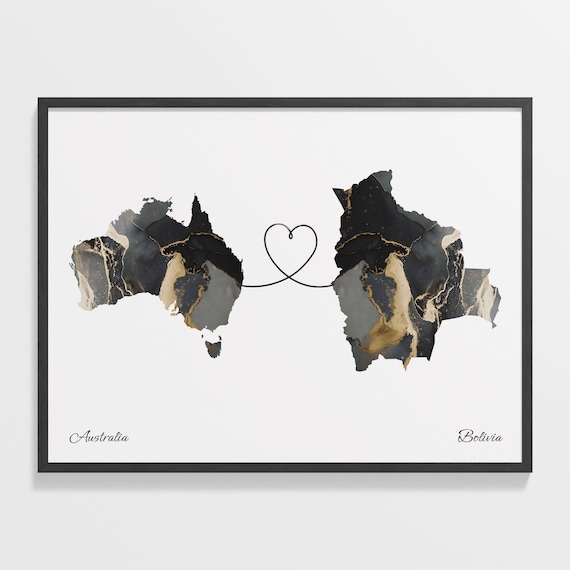 Australia to Bolivia Black Gold Marble Heart Connection Map Poster