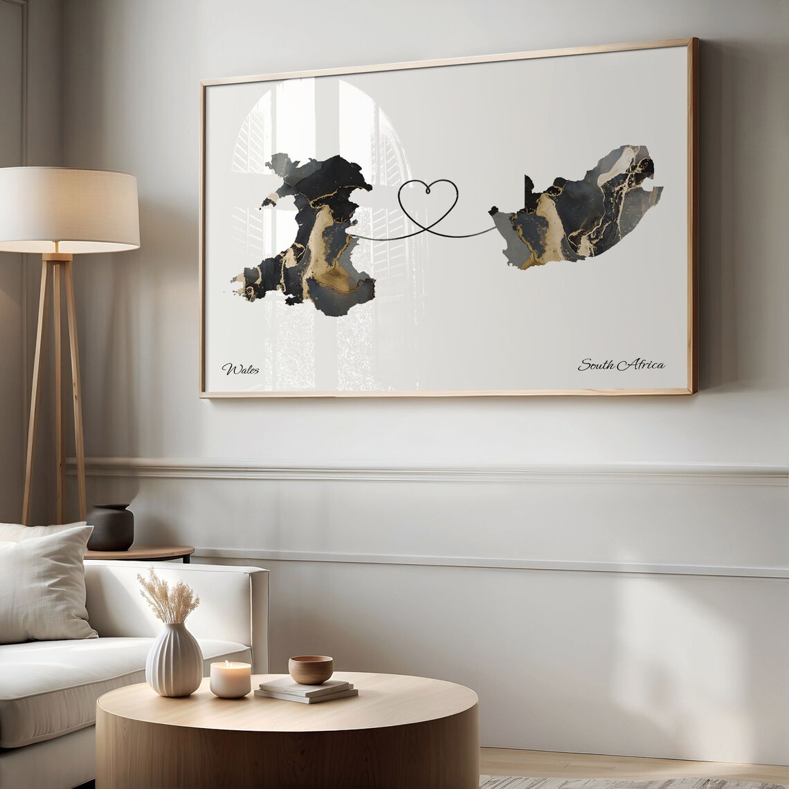 Wales To South Africa Marble Map Heart Poster Long Distance Love Gift - Image 2