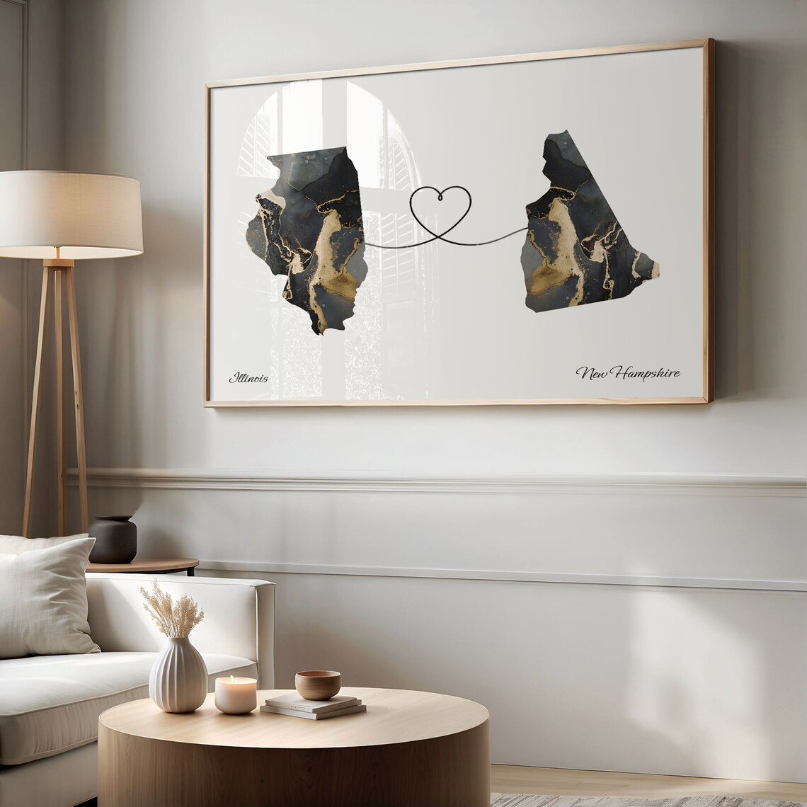 Illinois to New Hampshire Black Gold Marble Map Heart Connection Poster - Image 2