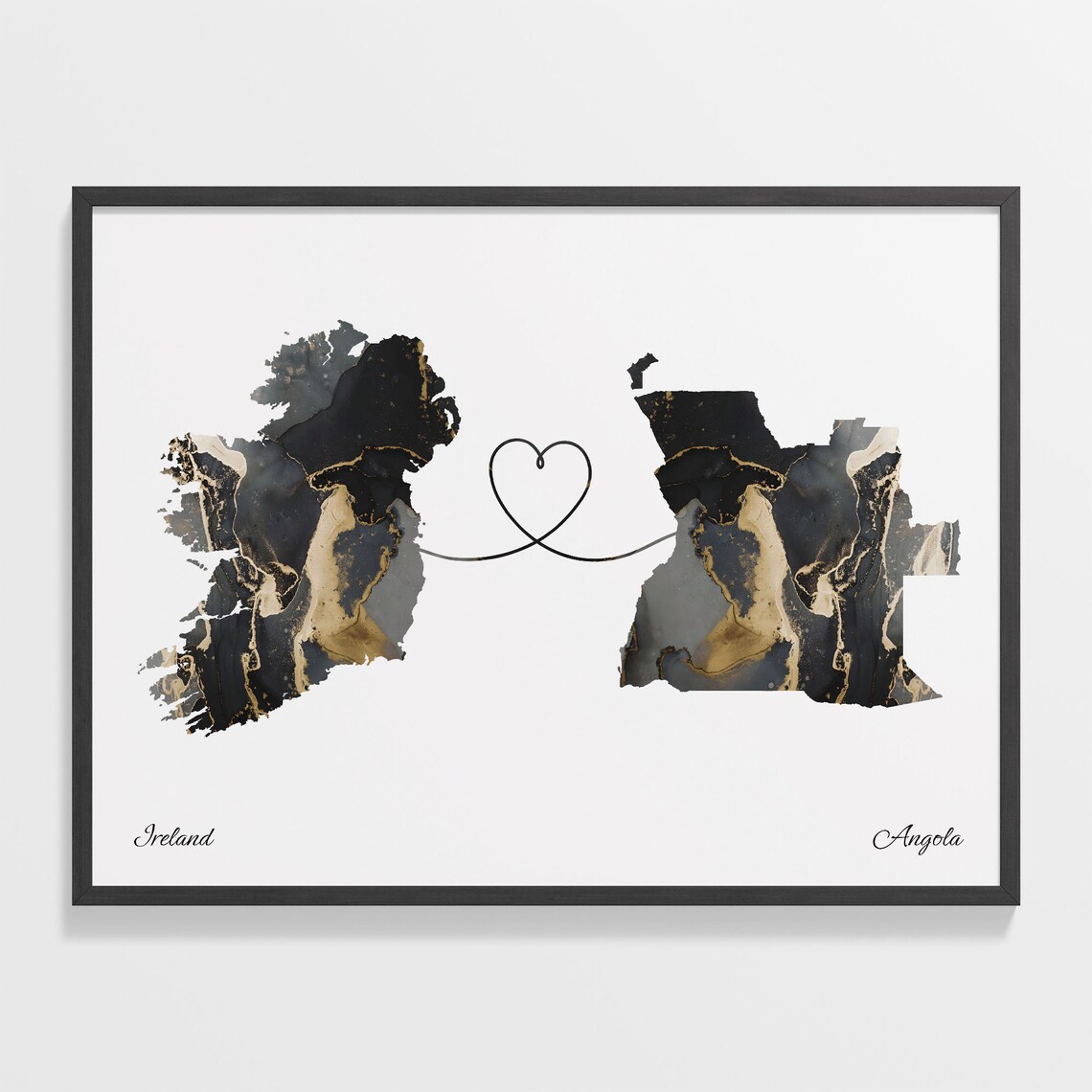 Ireland To Angola Heart Connected Black Marble Country Map Poster