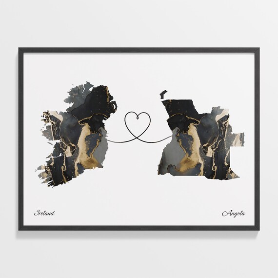 Ireland To Angola Heart Connected Black Marble Country Map Poster