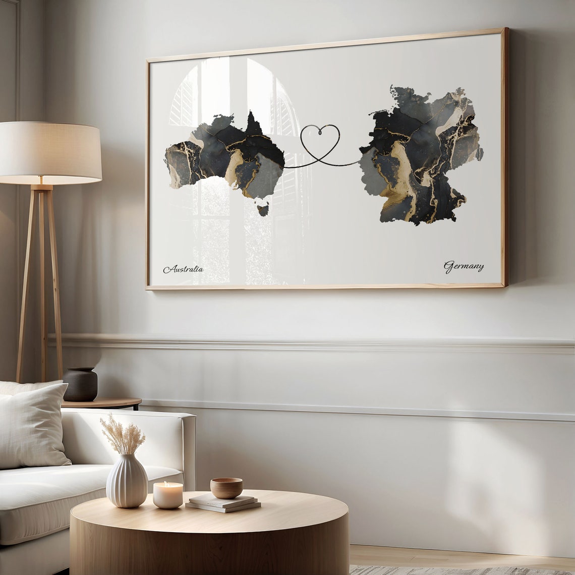 Australia to Germany Black and Gold Marble Two Country Map Poster - Image 2