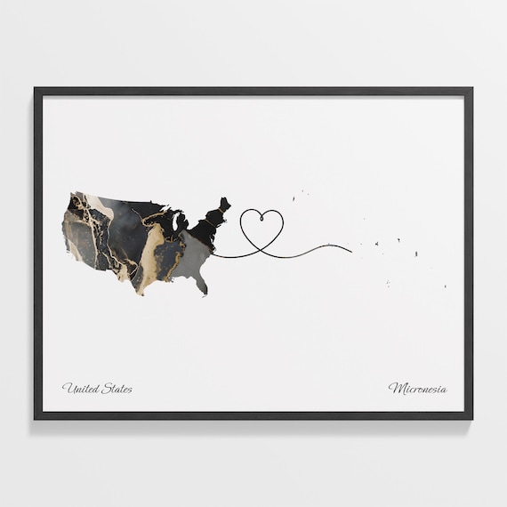 United States to Micronesia Marble Heart Map Poster Gift for Long Distance Love