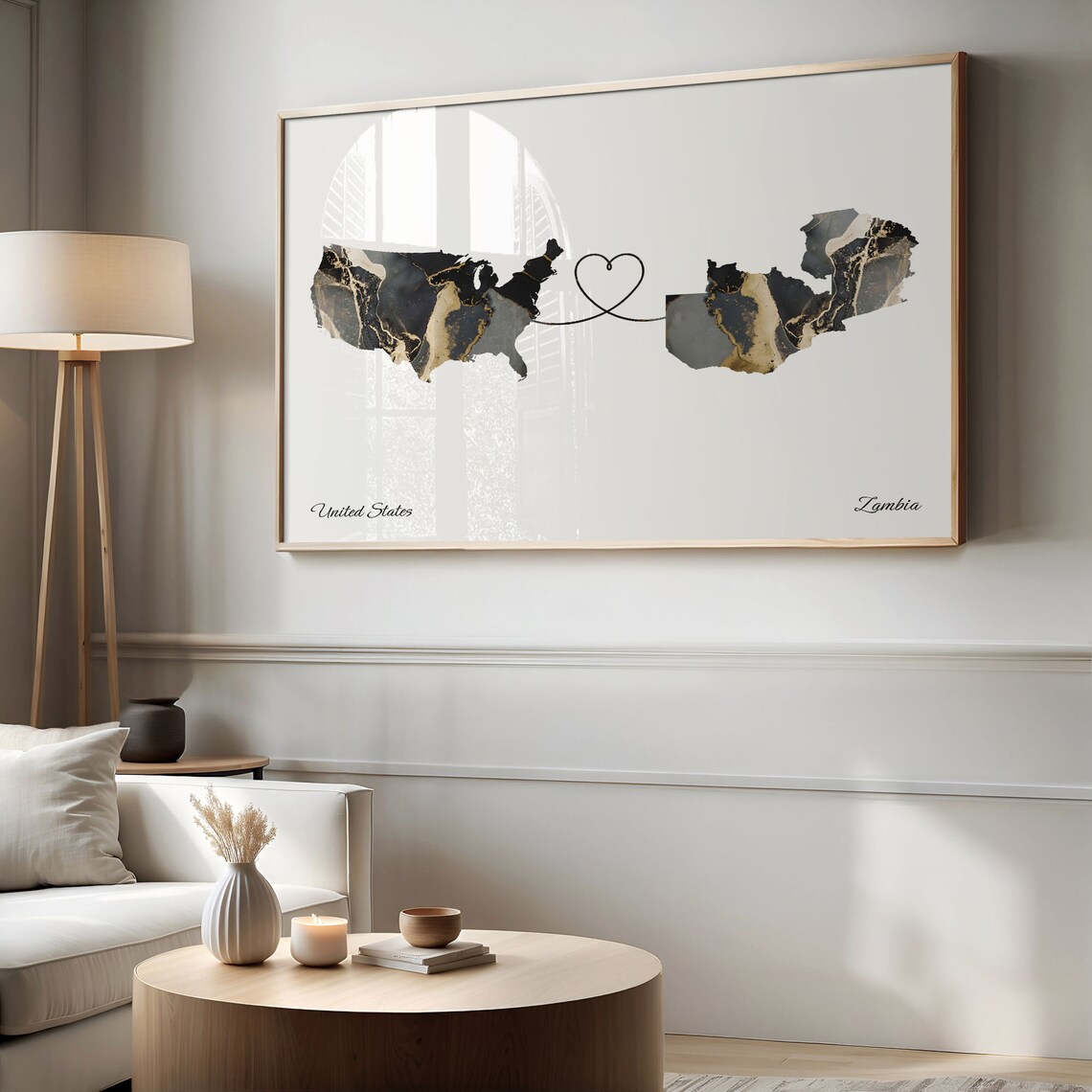 United States To Zambia Heart Linked Marble Map Love Connection Poster - Image 2