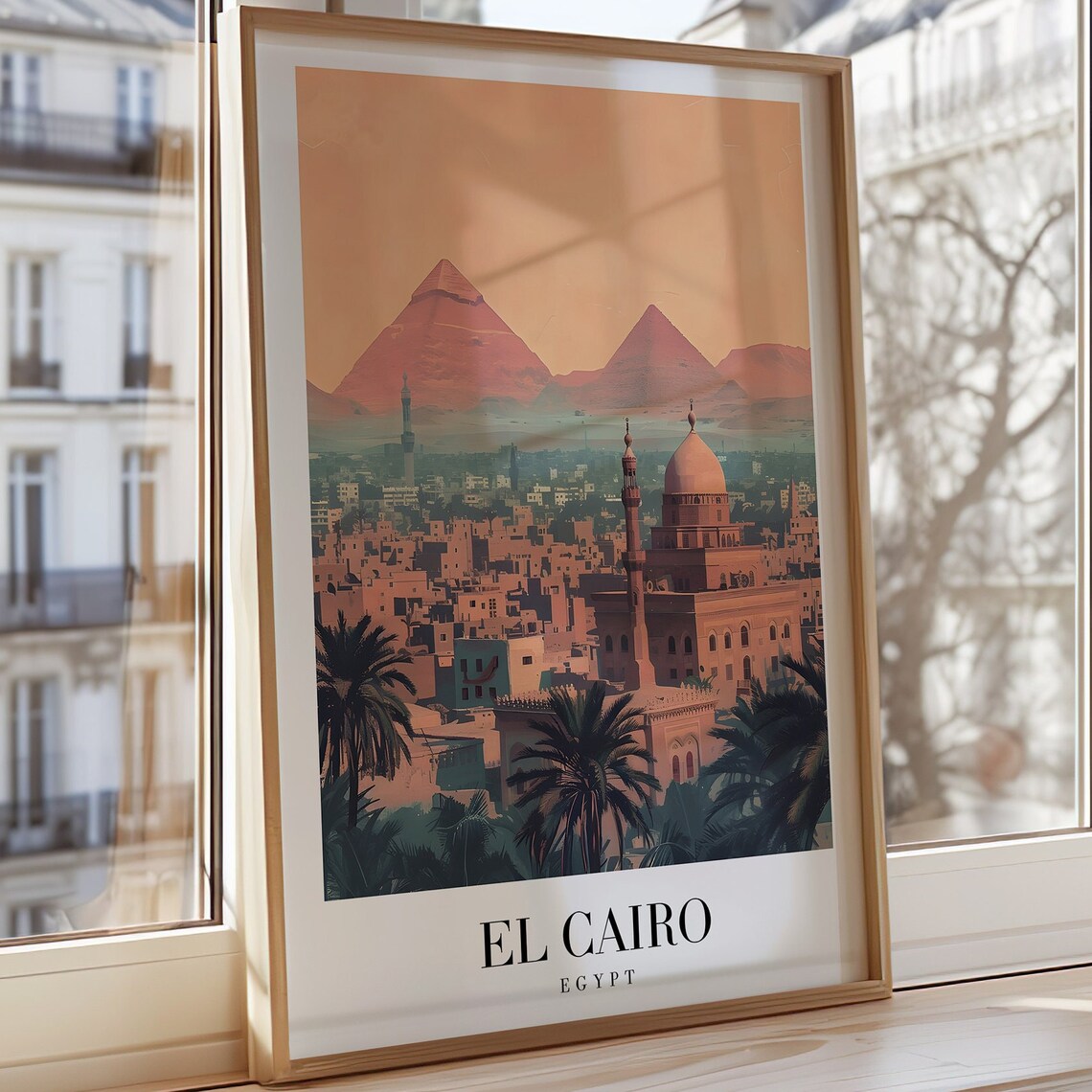 El Cairo Egypt Travel Poster Pyramids of Giza Mosque Skyline Art