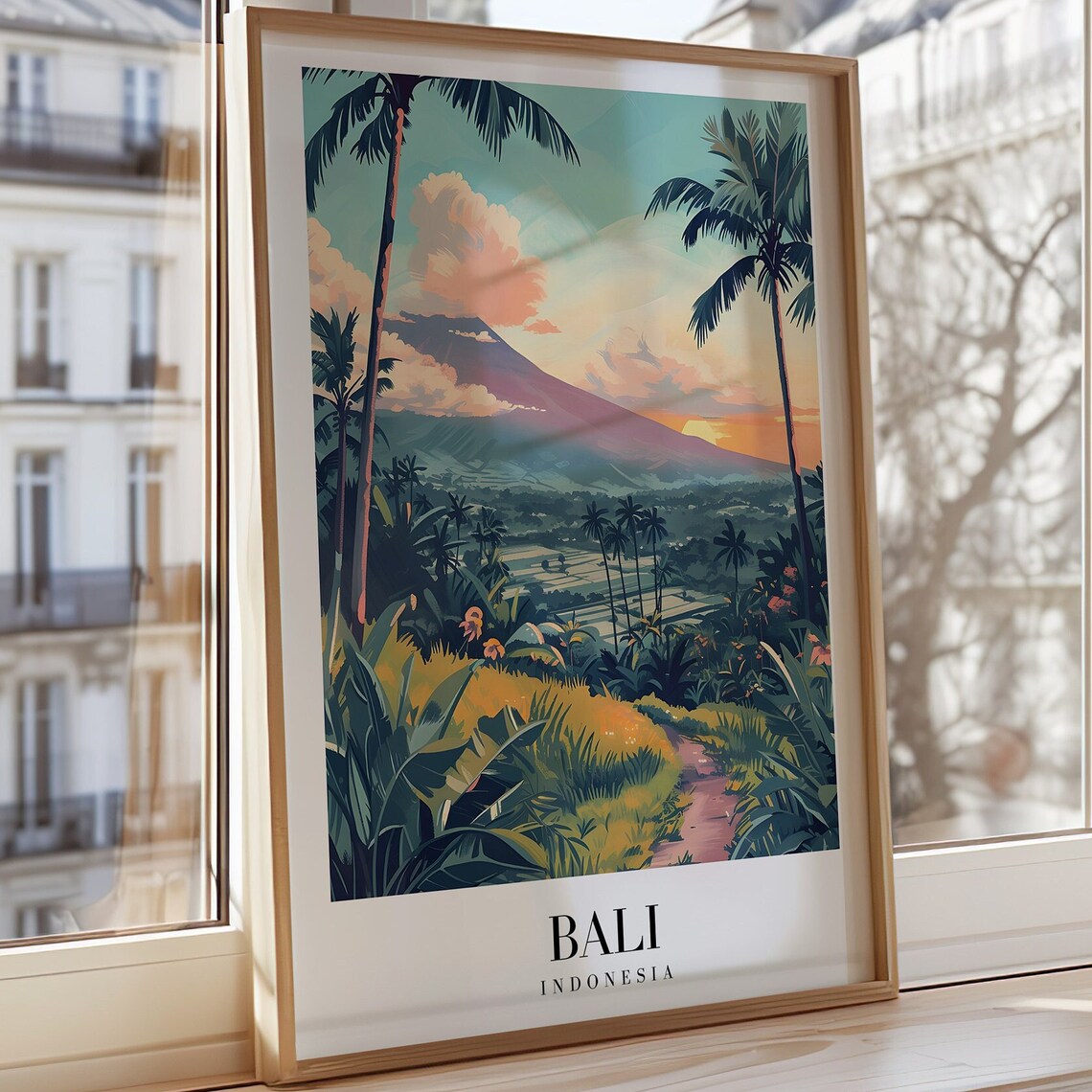 Bali Indonesia Travel Poster Mount Agung Sunset Palms Tropical Art