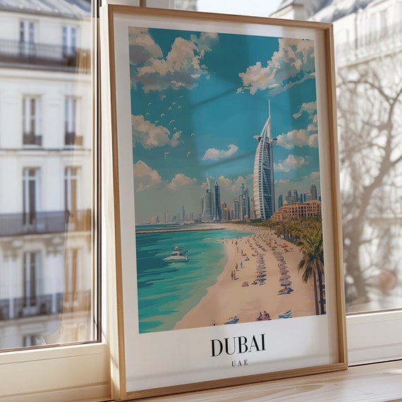 Dubai Poster Uae Travel Art Burj Al Arab Beach Print City Skyline Wall Decor Scene Cityscape