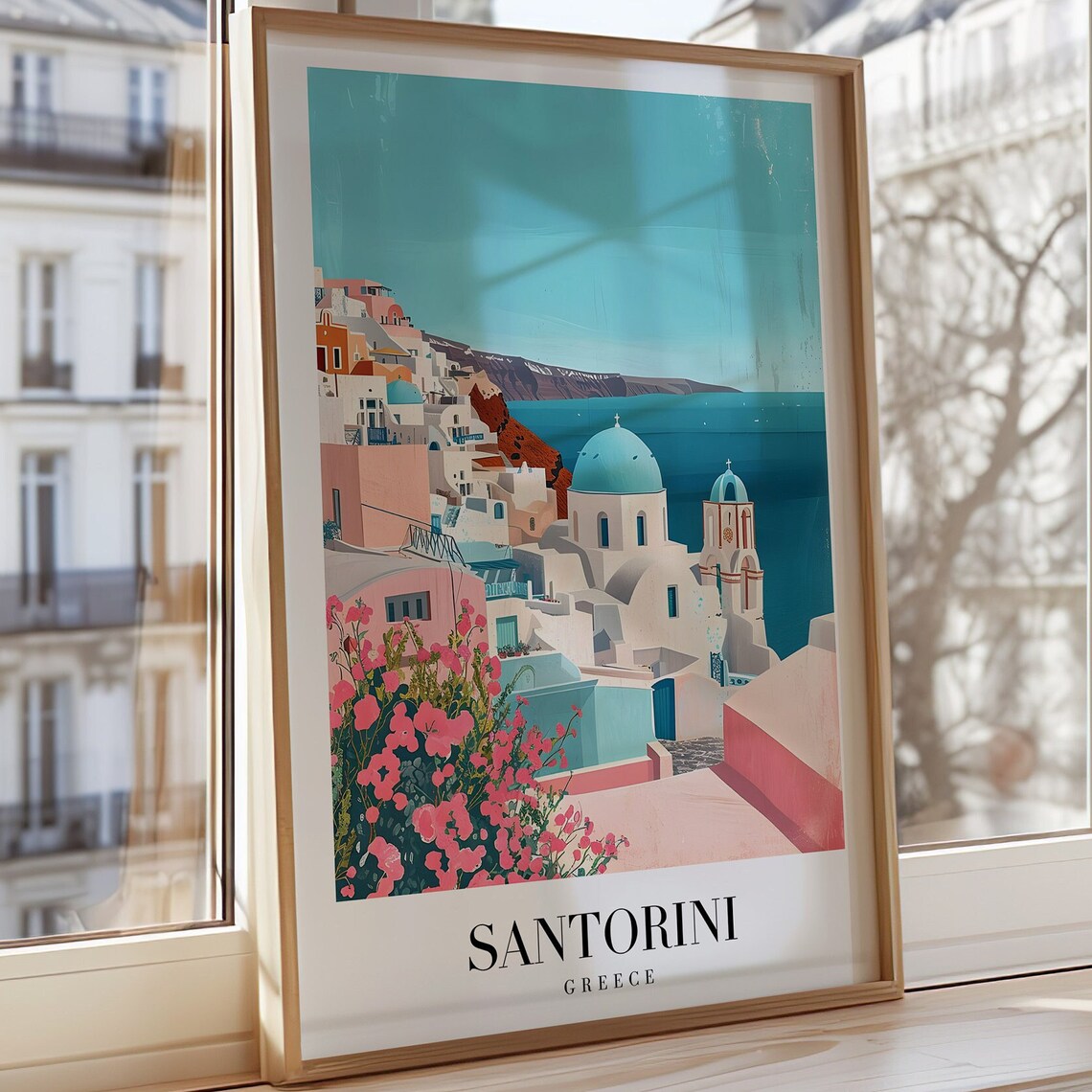 Santorini Greece Poster Oia Village Blue Domes Aegean Sea View Art