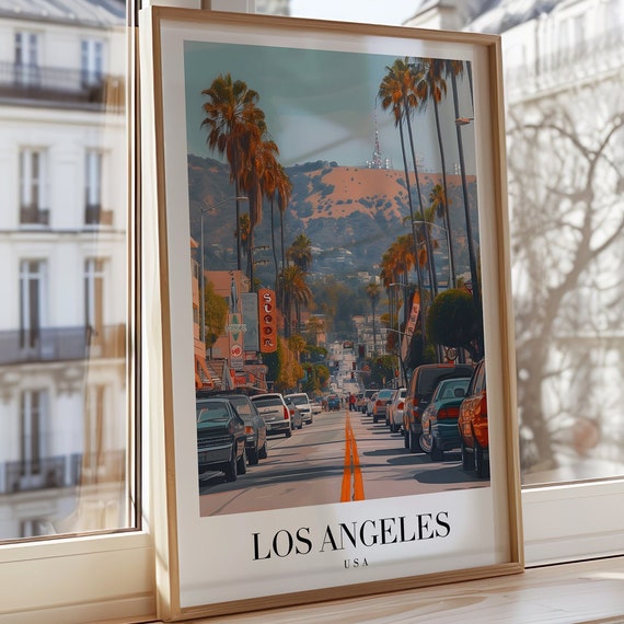 Los Angeles Poster Wall Art Hollywood Hills Print La Cityscape Palm Tree Avenue Vintage Travel