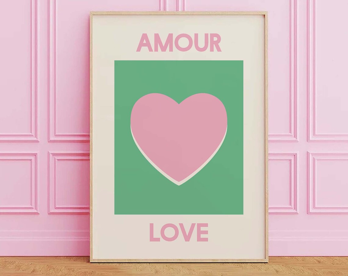 Amour Love Pink Heart Fresh Green French Inspired Room Decor Poster