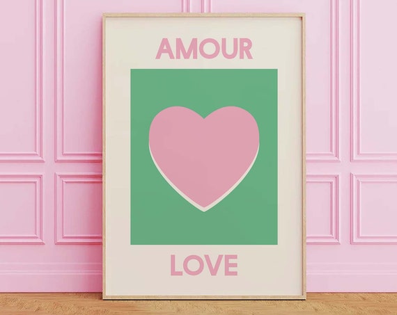 Amour Love Print Art Pink And Green Heart Wall Art Cute Trendy Wall Art