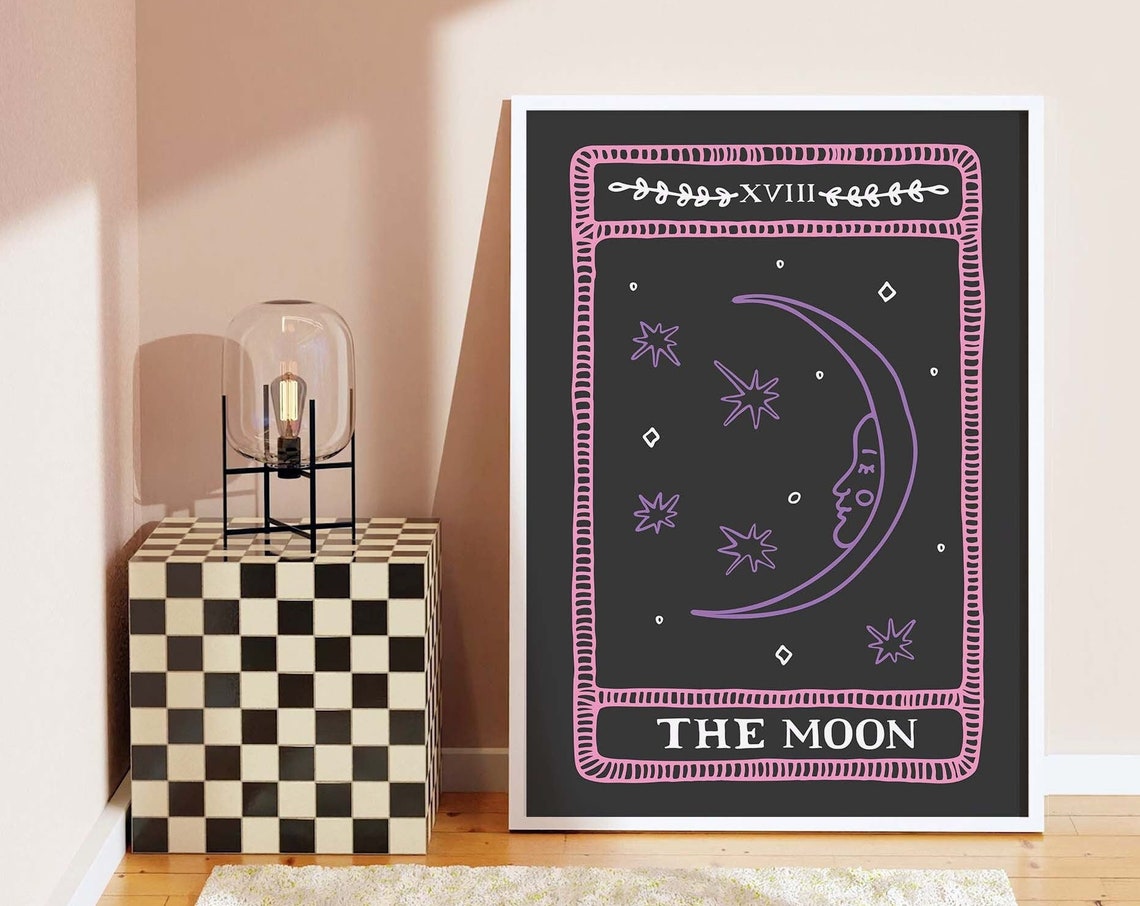 The Moon Tarot Card XVIII Purple Crescent Stars Mystic Wall Art