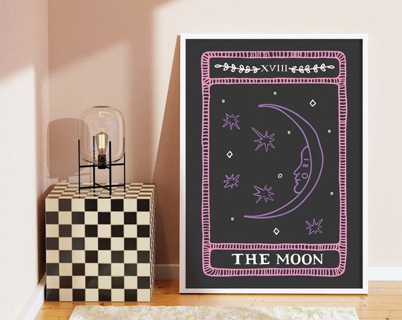 The Moon Tarot Card Print Art Cute Heart Tarot Card Wall Art Black Trendy Halloween Wall Art
