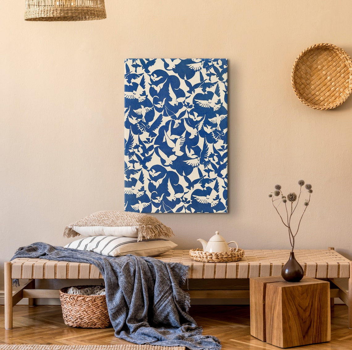 Blue And White Pigeons In Flight Decorative Bird Pattern Poster - Image 2