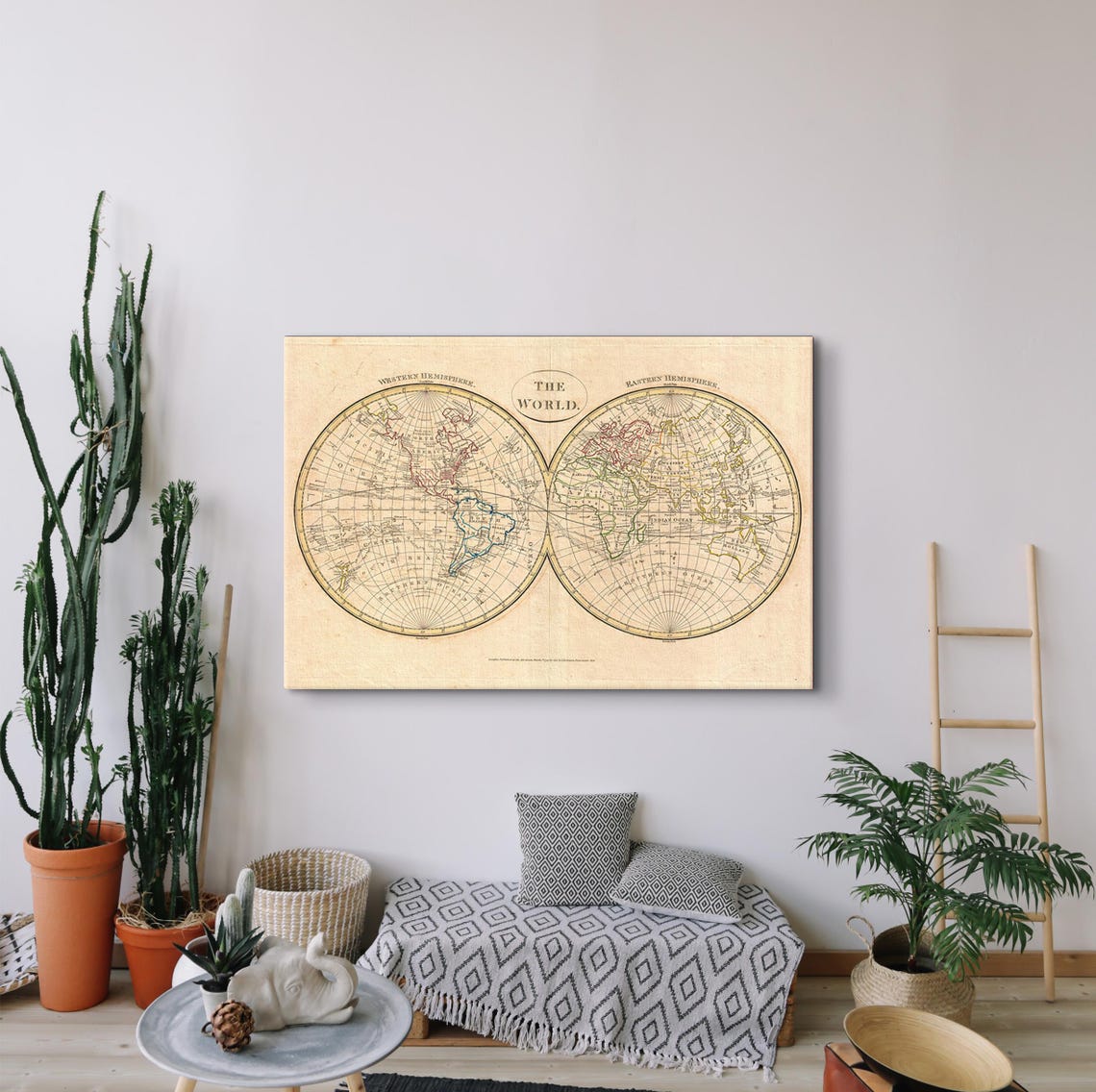 Antique Double Hemisphere World Map Western Eastern Vintage Poster - Image 2