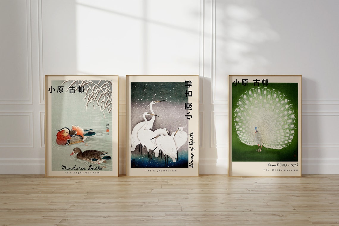 Japanese Vintage Bird Trio Mandarin Ducks Egrets Peacock Art Poster