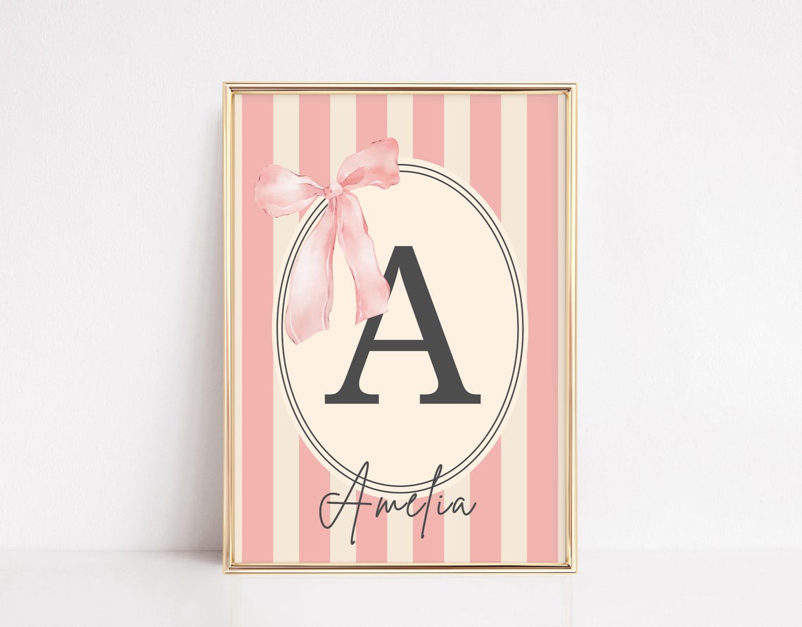 Pink Striped Letter A Bow Amelia Name Nursery Monogram Poster