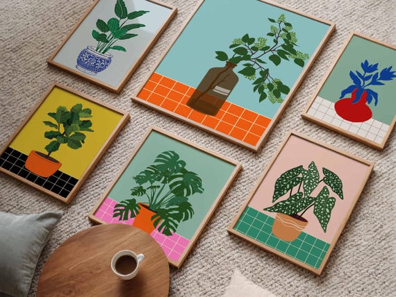 Botanical Gallery Wall Art Indoor Potted Plant Print Set Of 7 Colorful Eclectic Home Decor Modern Poster Illustration