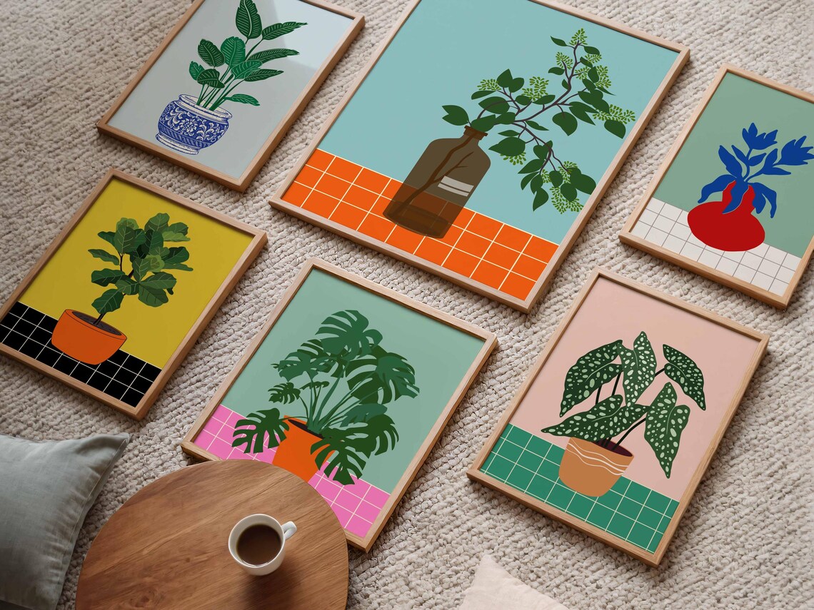 Set of 7 Colorful Potted Plant Illustrations Botanical Gallery Print