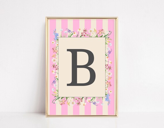 Personalized Floral Initial Wall Art Pink Striped Nursery Print Baby Girl Room Decor Custom Letter