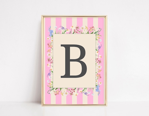 Pink Striped Floral Initial B Nursery Poster for Baby Girl Room Decor