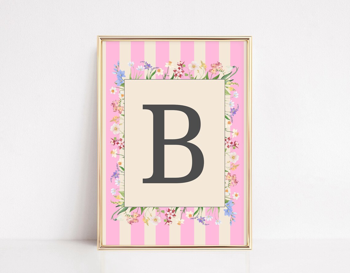 Personalized Floral Initial Wall Art Pink Striped Nursery Print Baby Girl Room Decor Custom Letter