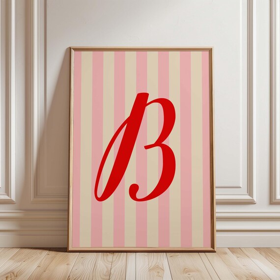 Personalized Letter B Script Pink Striped Monogram Custom Wall Art