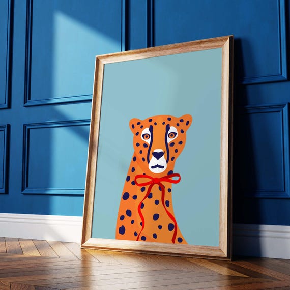 Cheetah Wall Art Bow Tie Animal Illustration Poster Eclectic Home Decor Whimsical Leopard Print Playful Jungle