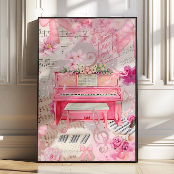 Pink Coquette Piano Collage Watercolor Music Room Decor Poster