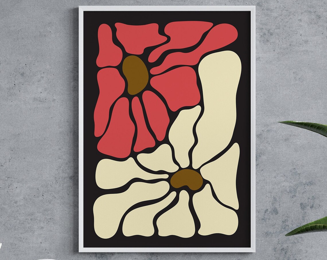 Two Abstract Flowers Poster Red Beige Black Modern Boho Floral Duo Art