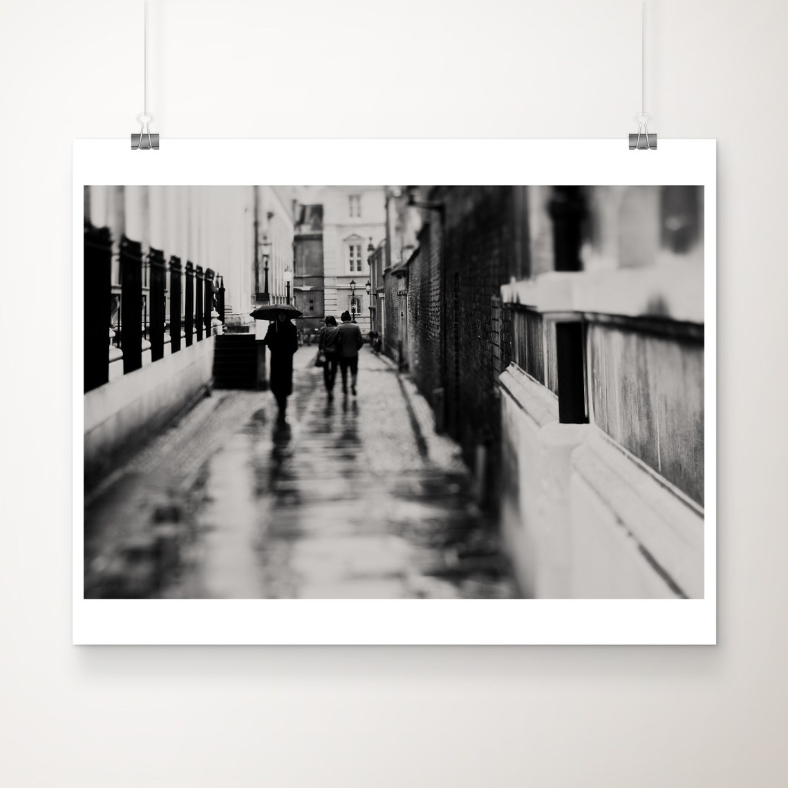 Rainy Cobblestone Lane in Cambridge Black and White Photo Print