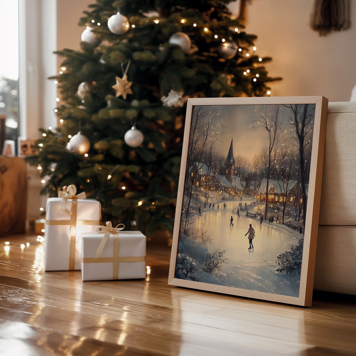 Village Ice Skating Pond Dusk Warm Cottages Church Spire Art Print - Image 4