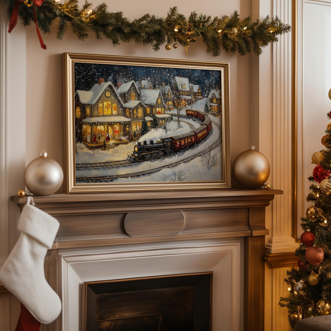 Vintage Christmas Vintage Train Art Winter Holiday Wall Art Farmhouse Decor Winter Landscape Painting Christmas Art A104 - Image 4