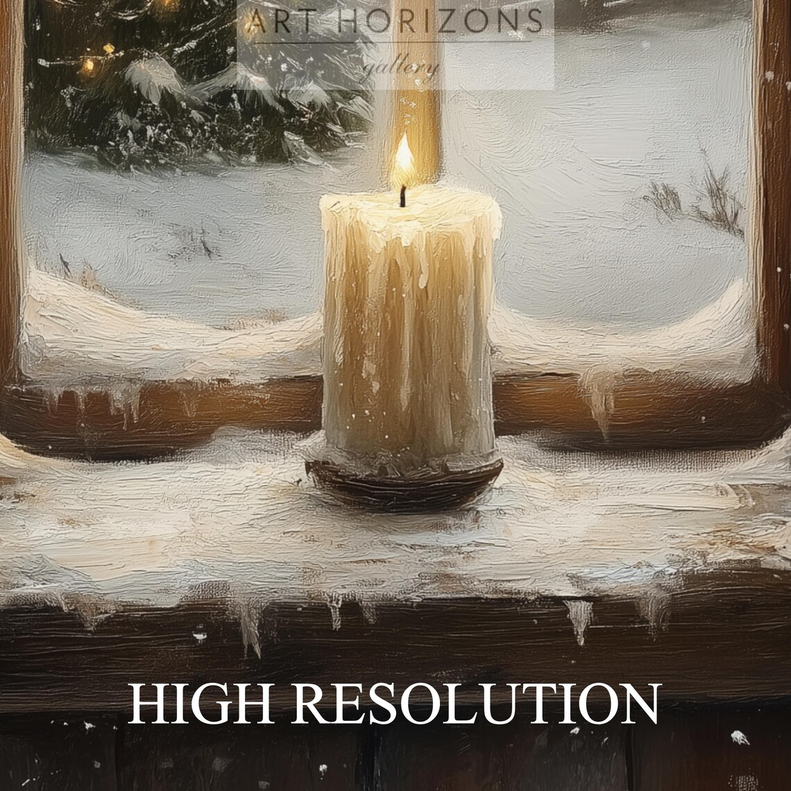 Candle on Snowy Windowsill with Lit Christmas Tree Outside Art Print - Image 4