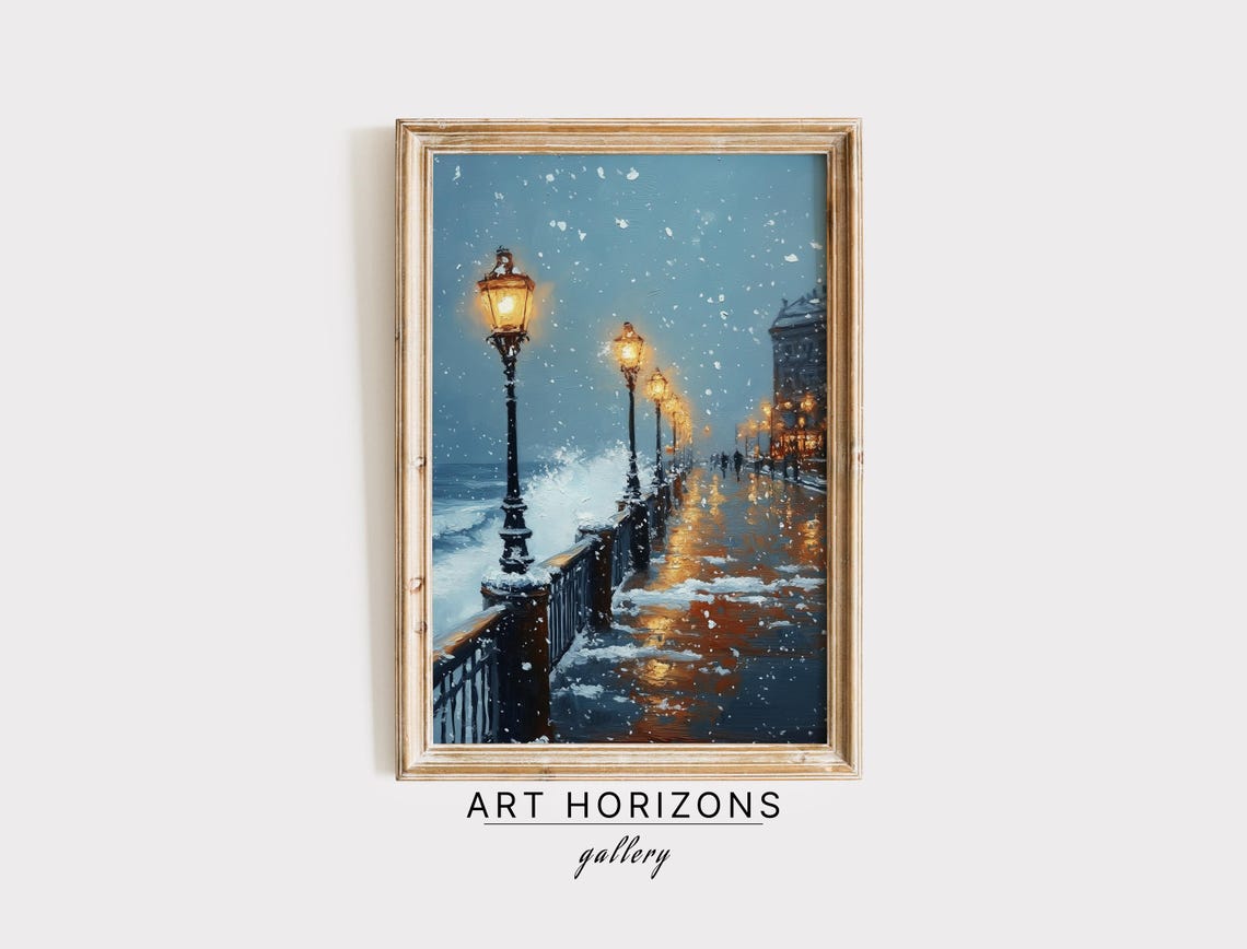 Seaside Winter Promenade Walk Oil Painting Art Vintage Christmas Wall Art Landscape Decor For Winter Town Home Farmhouse Art Print A274