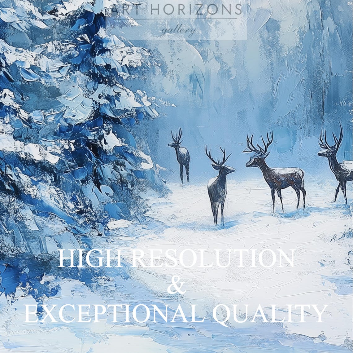 Deer Herd Snowy Blue Pine Forest Winter Impressionist Wall Art Print - Image 3