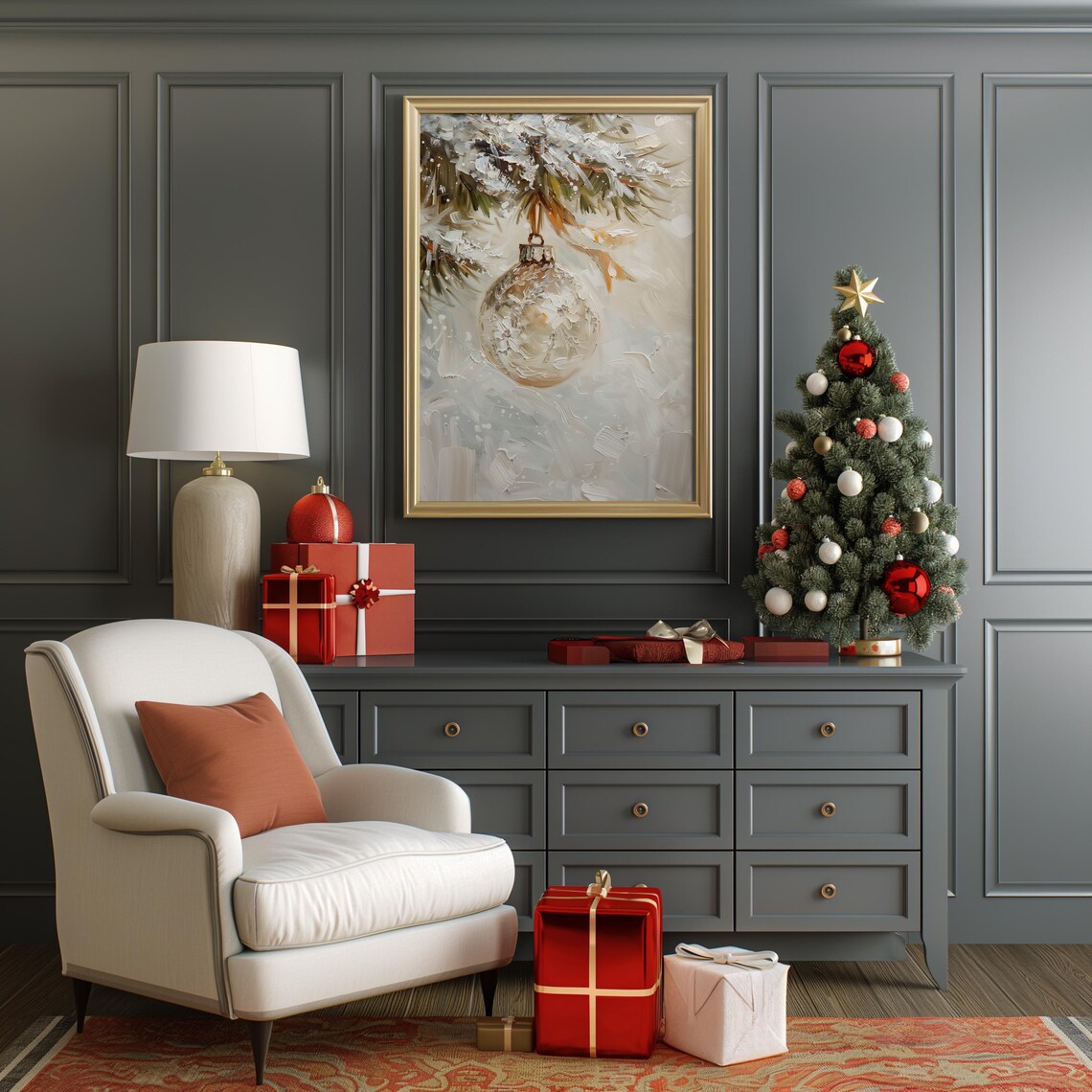 Silver Glass Christmas Ornament Snowy Pine Branch Neutral Art Poster - Image 3