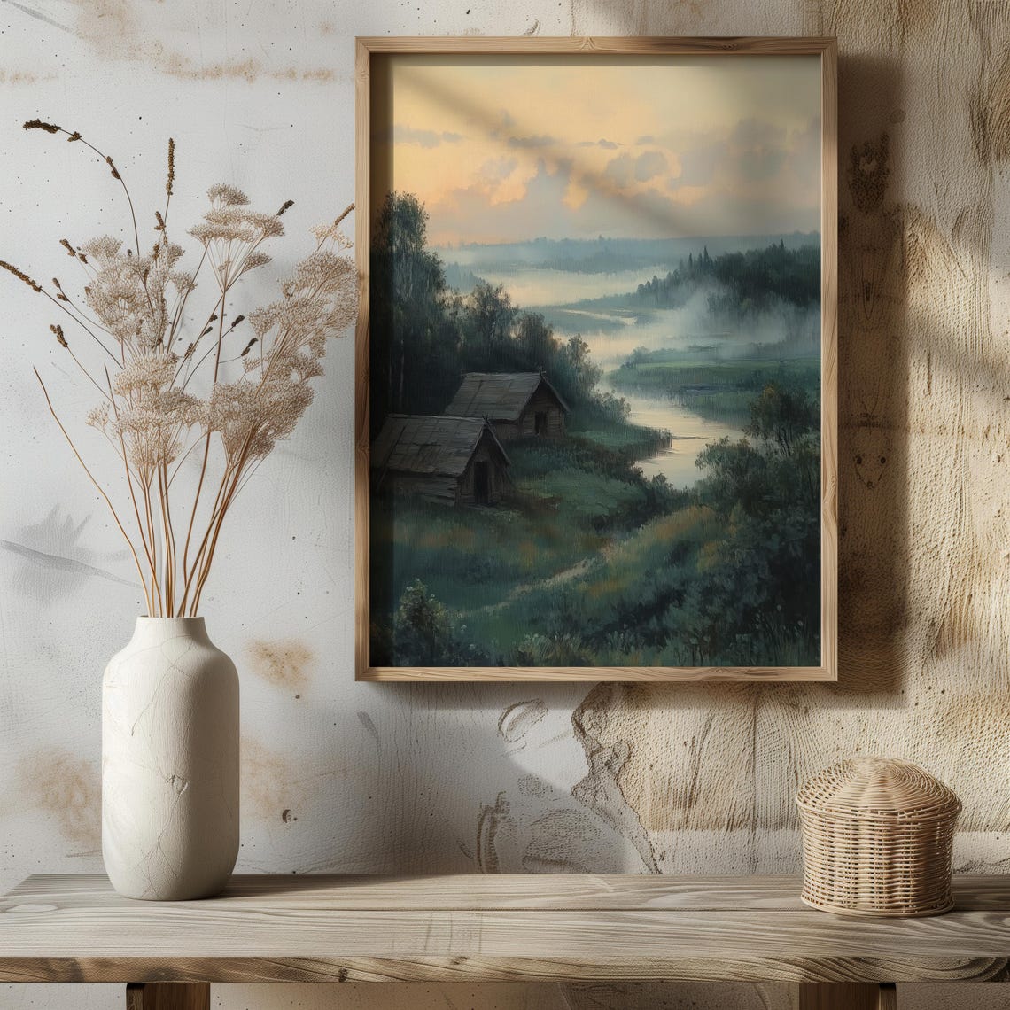 Rustic Cabins Misty River Dawn Vintage Countryside Landscape Poster - Image 4